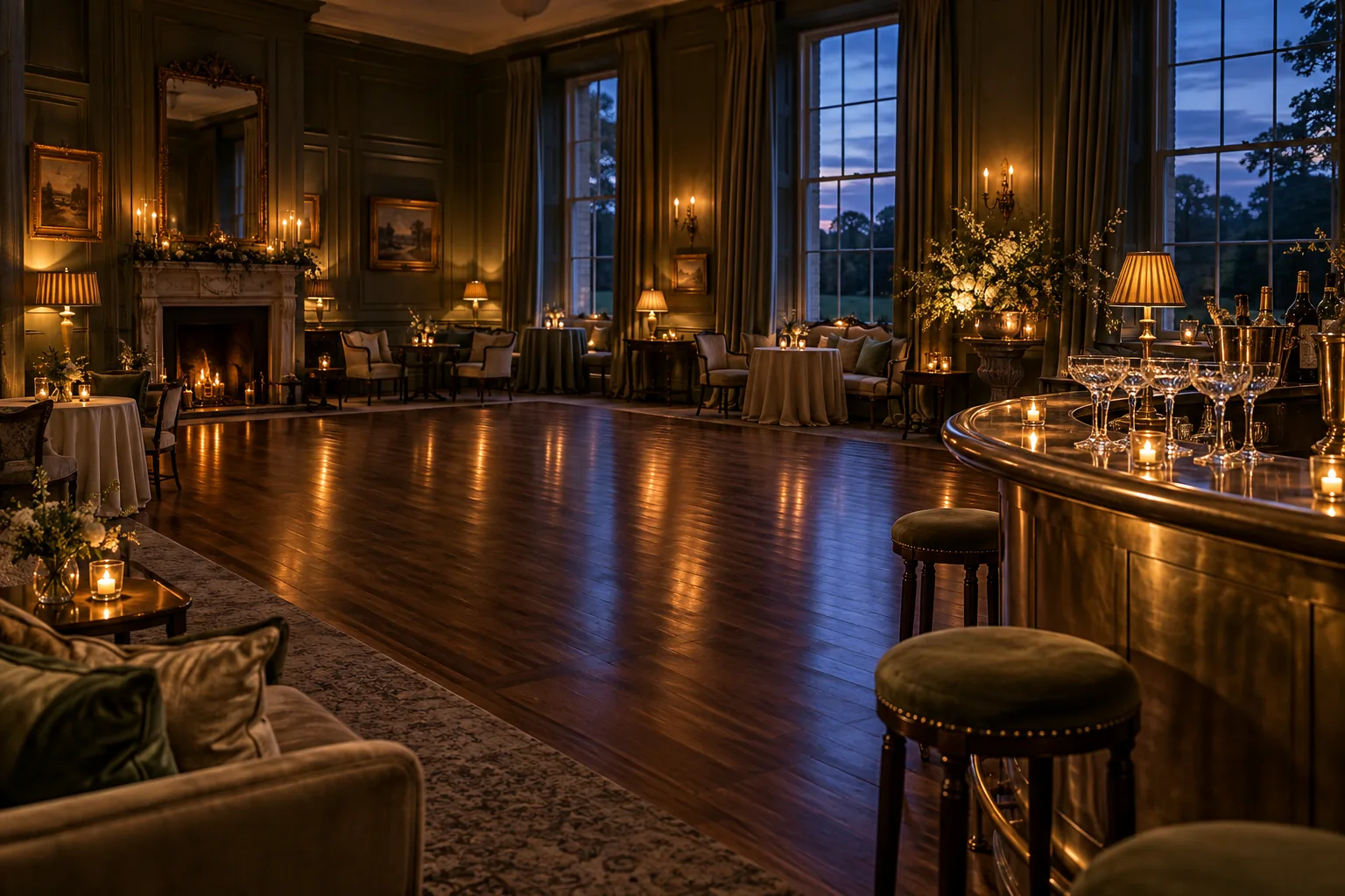 Concept image of a candlelit country-house room with a bar beside an open wooden dance floor